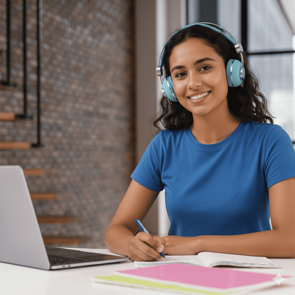 Un estudiante sonriente con auriculares estudia en casa y toma notas en una computadora portátil.