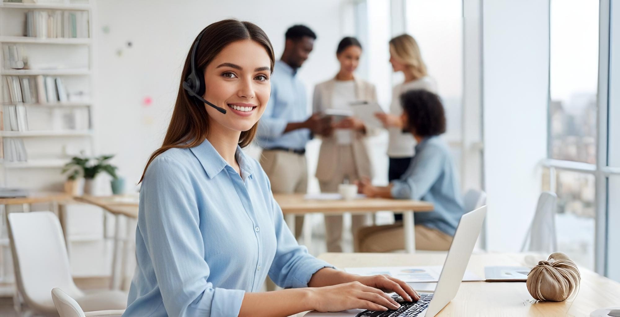 Inicio 6 Mujer sonriente con auriculares trabajando en una computadora portátil en la oficina, servicio al cliente.